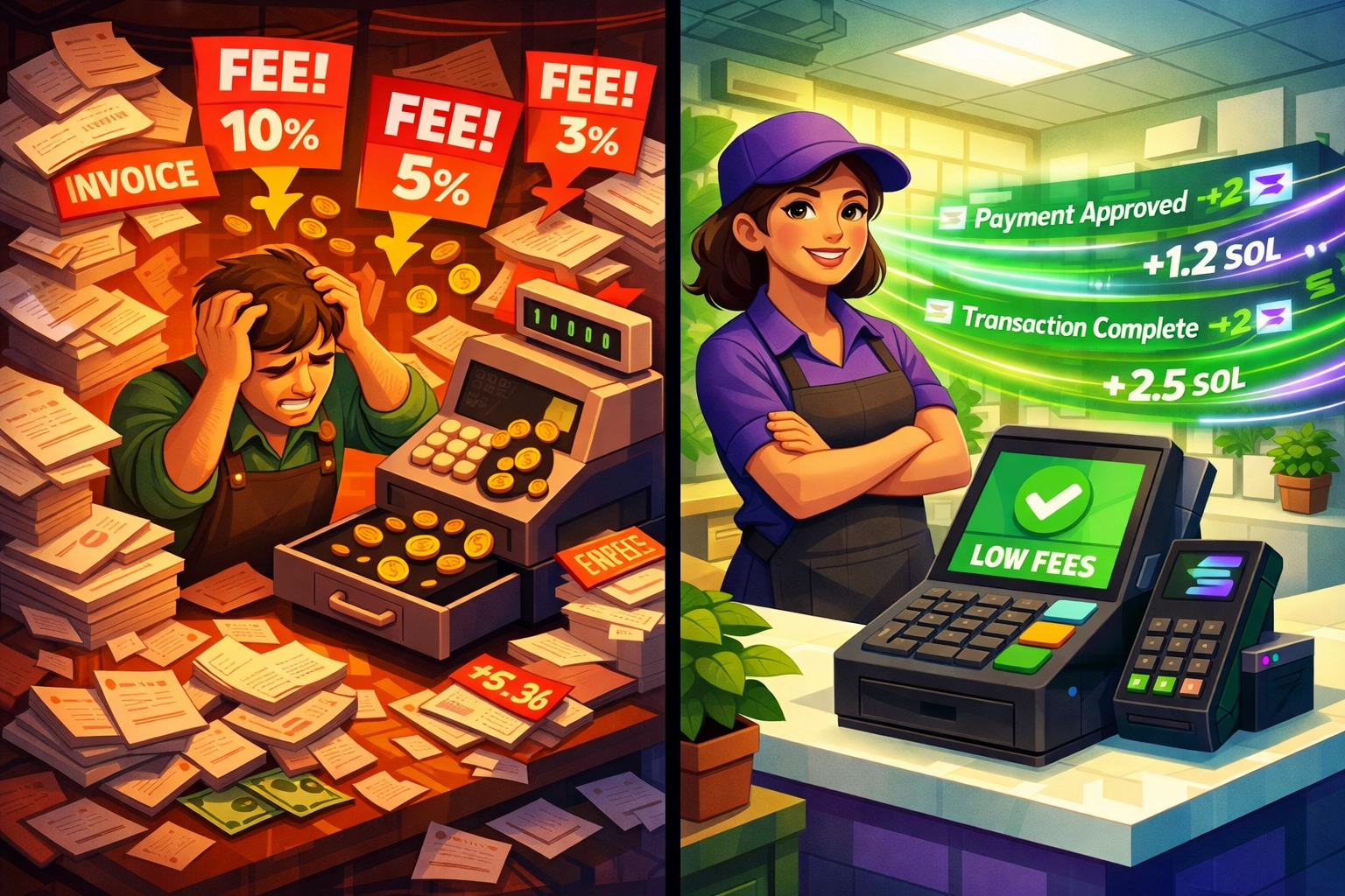 Merchant comparing high percentage-based crypto payment fees versus low gas-only transaction costs