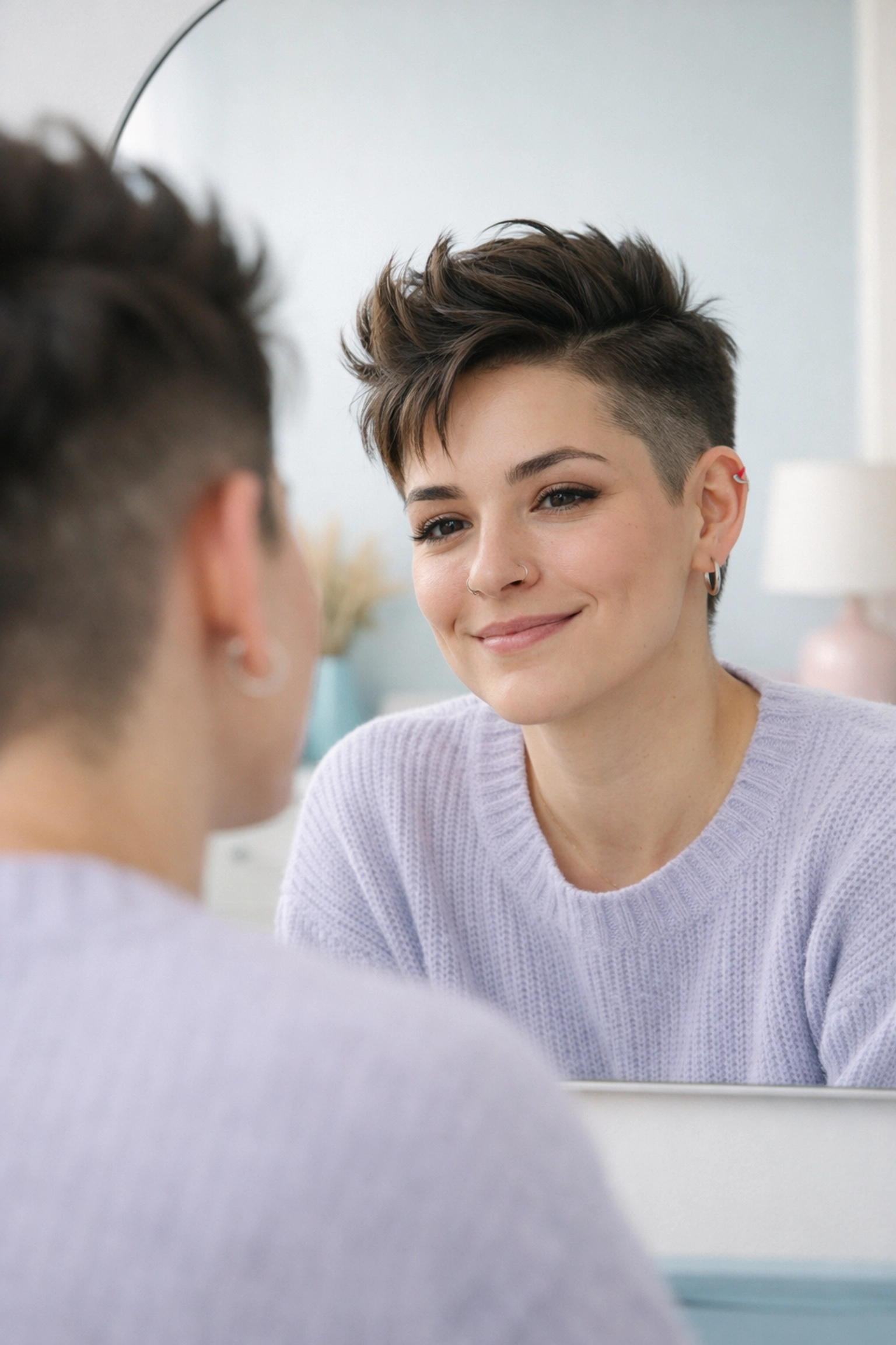 Non-binary person smiling at their reflection, symbolizing self-acceptance and trans-affirming care in Georgia.