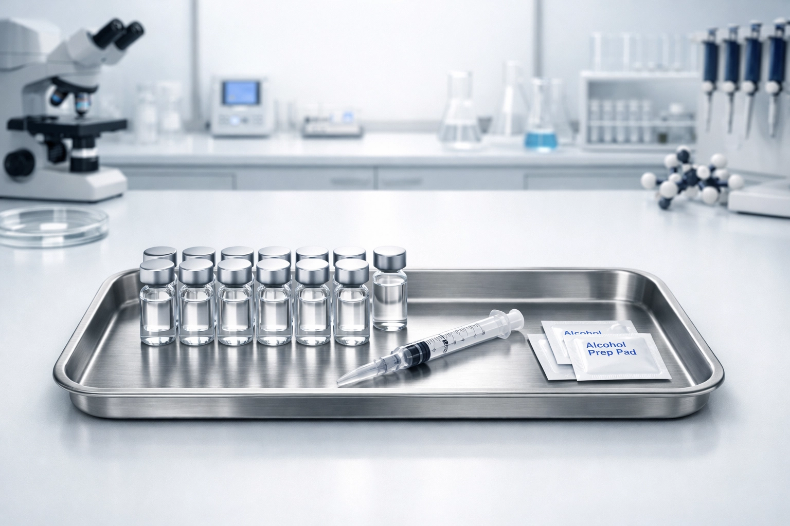 Professional lab setup with research peptide vials and sterile supplies for precise scientific experiments.