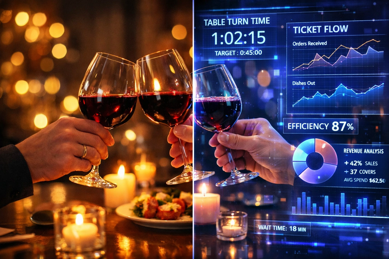 Split view of date night wine glasses overlaid with restaurant operations data and efficiency metrics