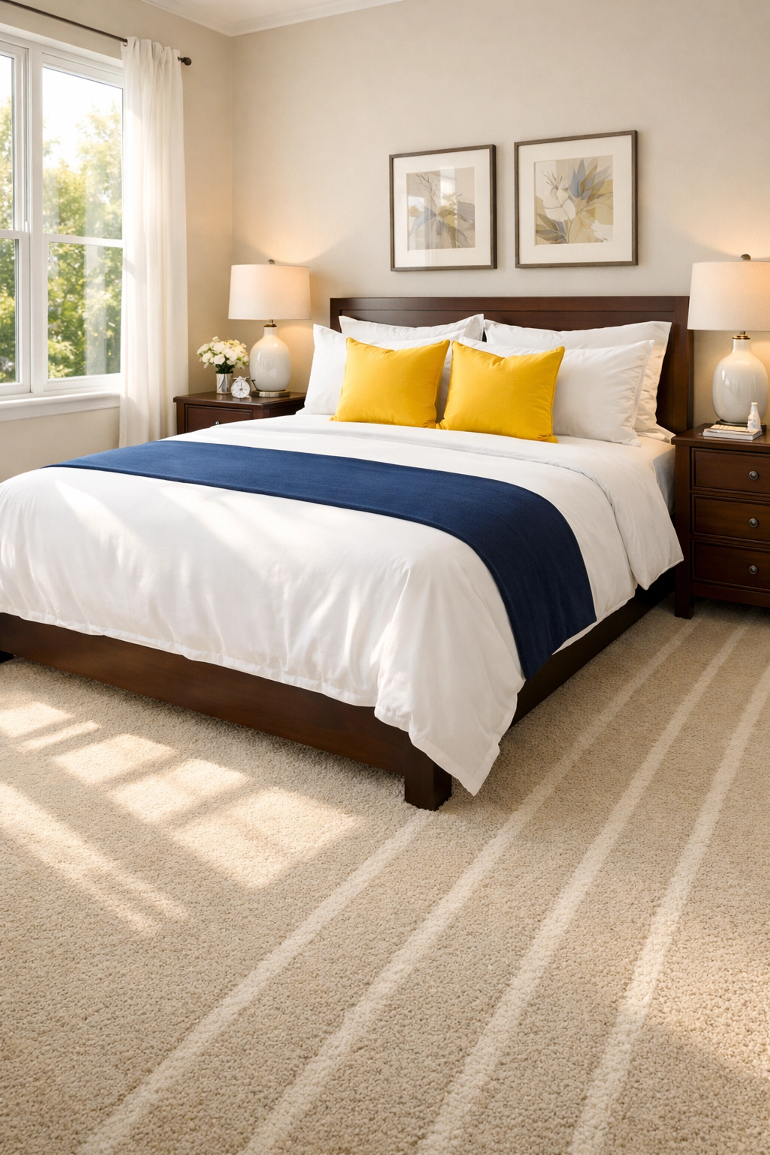 A master bedroom after professional house cleaning Ashburnham MA featuring fresh vacuum lines and tidy linens.