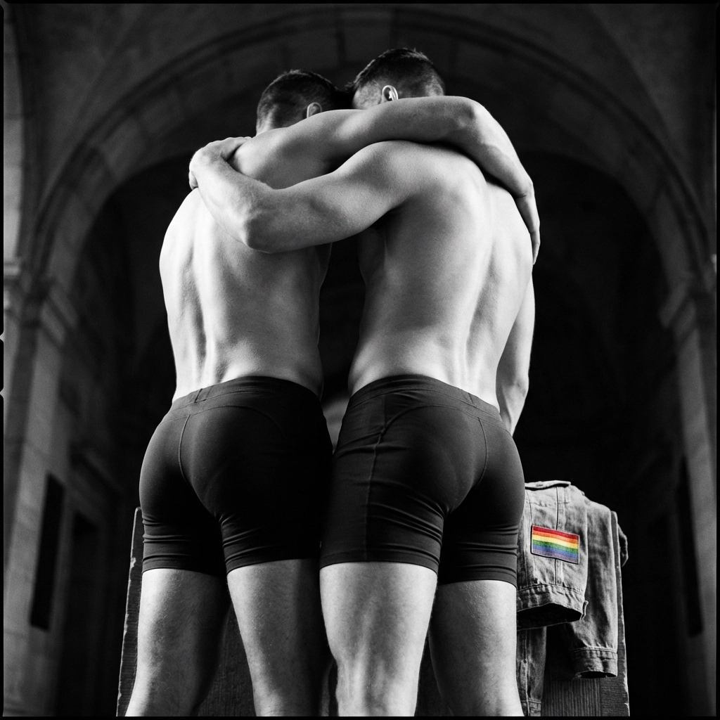 Classical black and white study of muscle definition and the lines of a naked gay body.