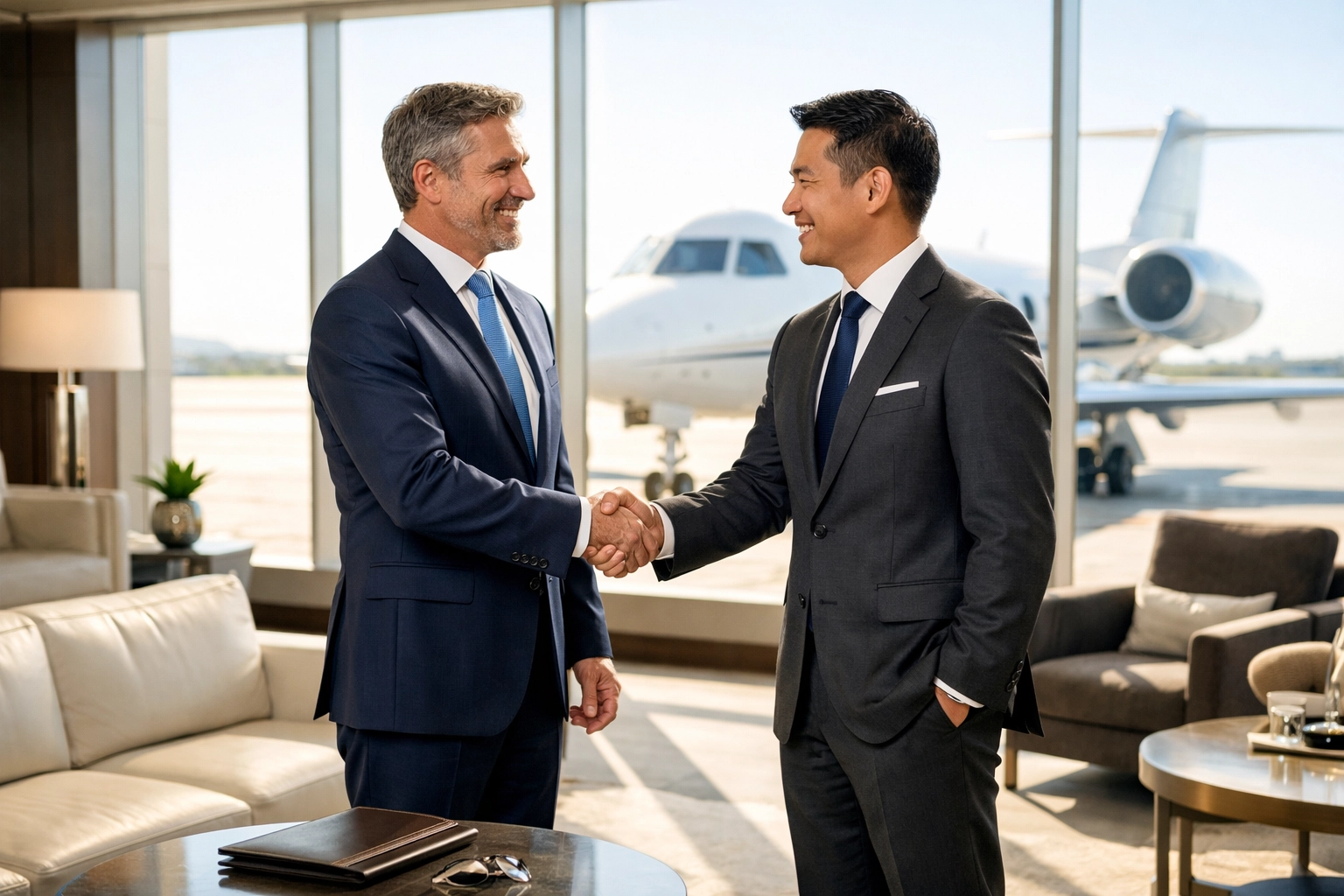 Executives confirming a strategic partnership in a luxury private jet lounge for corporate travel management.