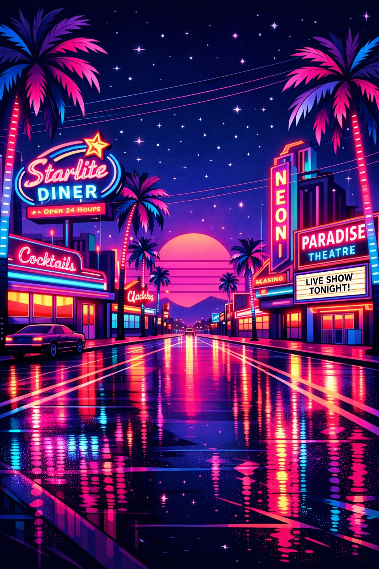 Neon-lit Las Vegas street at night showcasing the city's vibrant 24-hour lifestyle and energy.