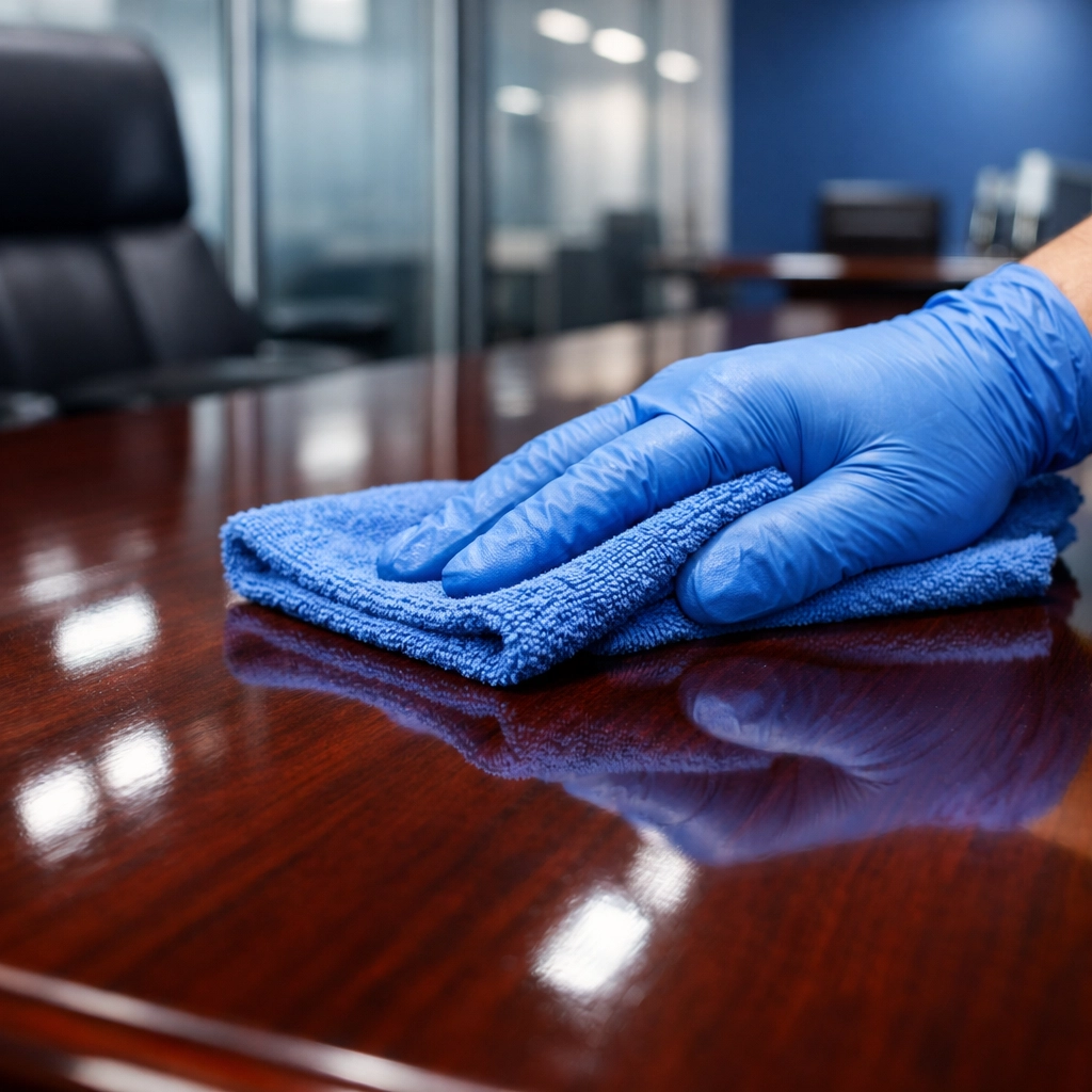Professional hand wiping a high-gloss desk in a clean Franklin office workspace.
