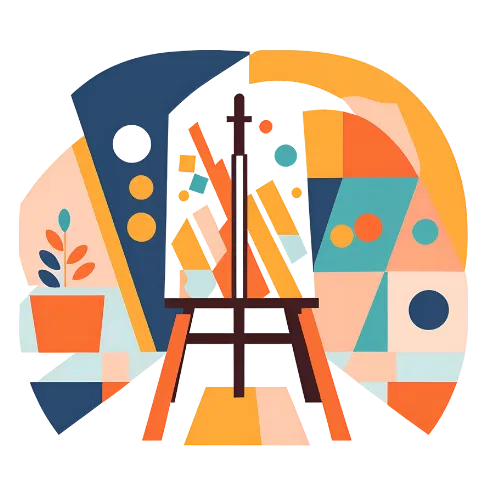 A vibrant art studio scene blending a crisp, high-quality photograph of a professional workstation with hand-drawn, warm-colored digital illustrations of floating paintbrushes and golden light bulbs. The background is a clean, neutral-toned studio with large windows, while the foreground features energetic, stylized sketches of artists collaborating.