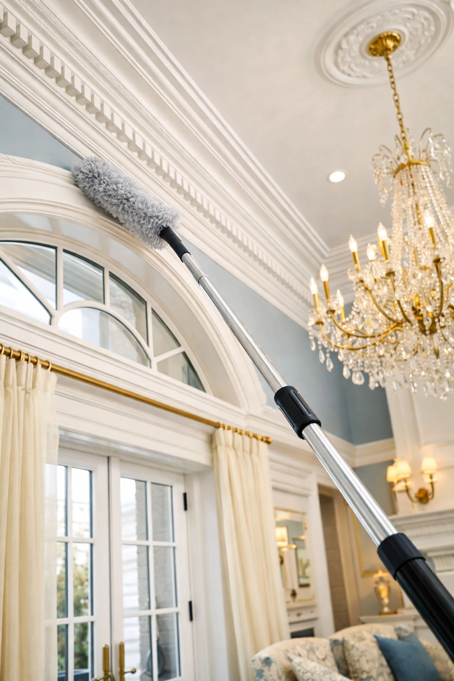 Professional luxury cleaning in Sudbury showcasing expert dusting of high ceilings and ornate crown molding.