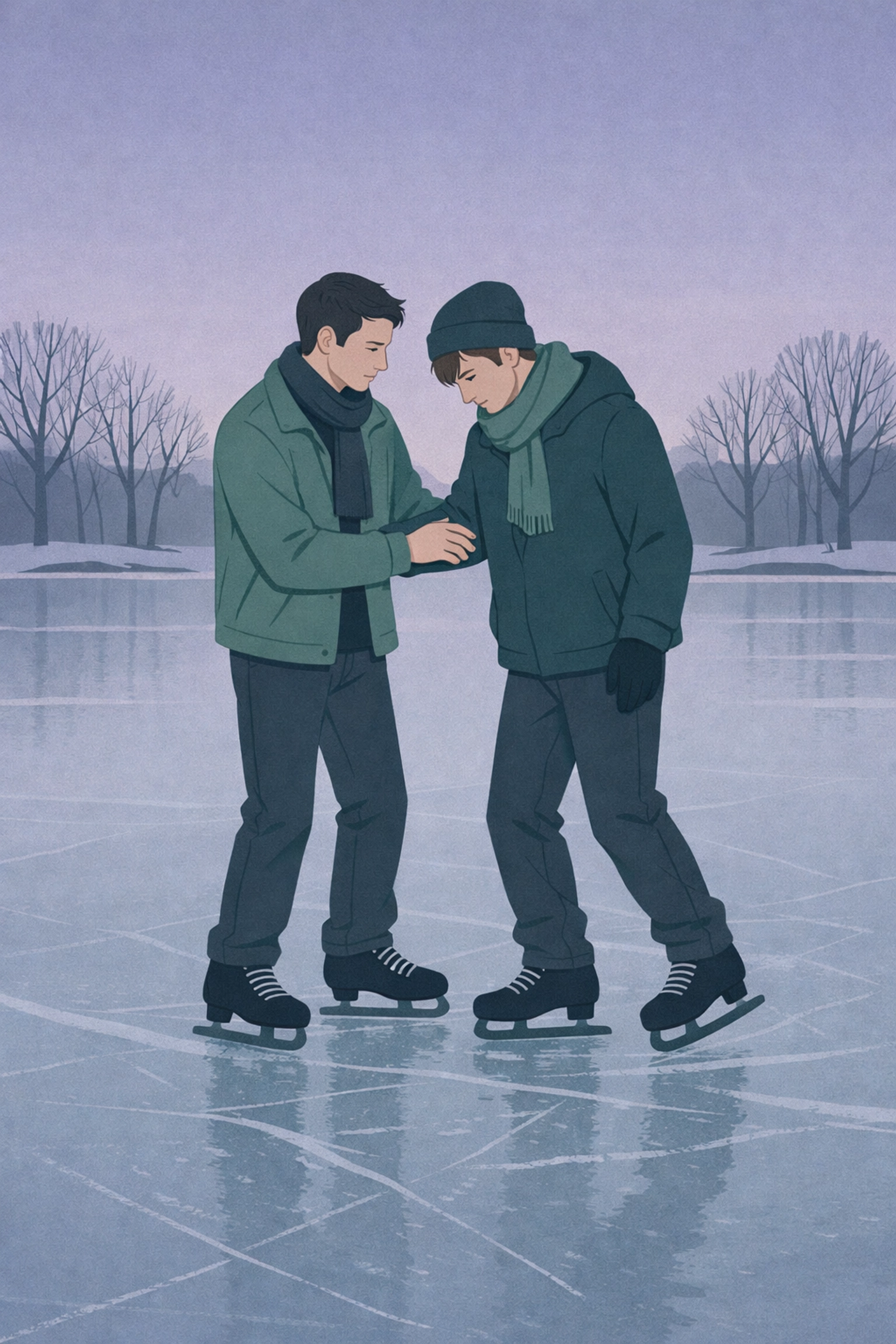 Two men ice skating frozen lake at dusk, emotional MM romance physical closeness