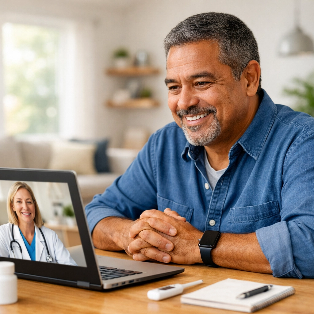 Patient having a telehealth consultation with an online weight loss doctor from the comfort of home.