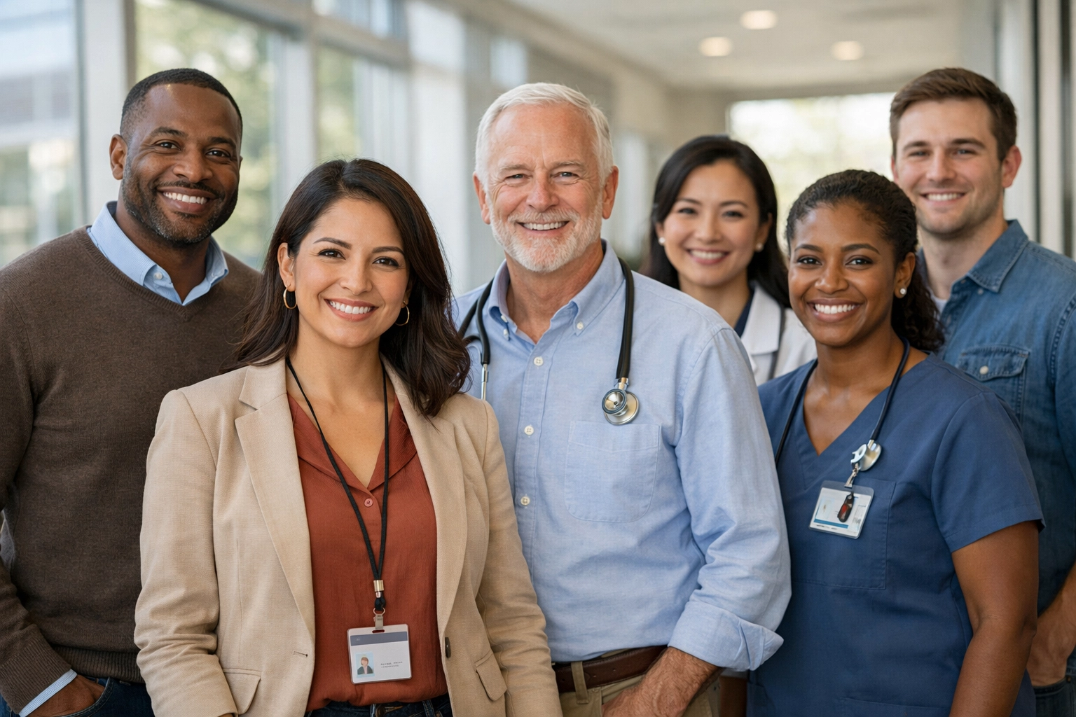 Diverse coordinated care team of mental health professionals in a professional North Carolina office.
