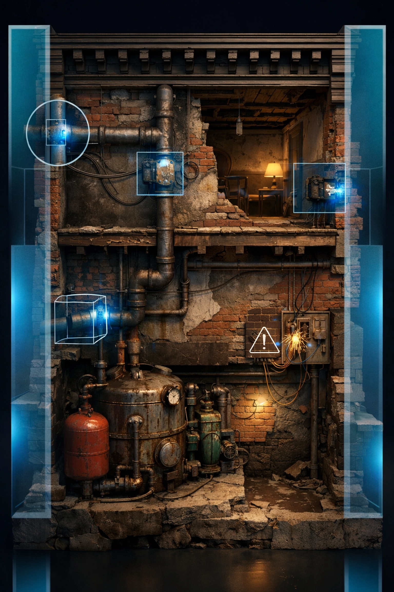 Detailed view of a deteriorating building's basement with exposed pipes, rusty machinery, and electrical components, highlighting maintenance challenges relevant to property management in Brooklyn neighborhoods.