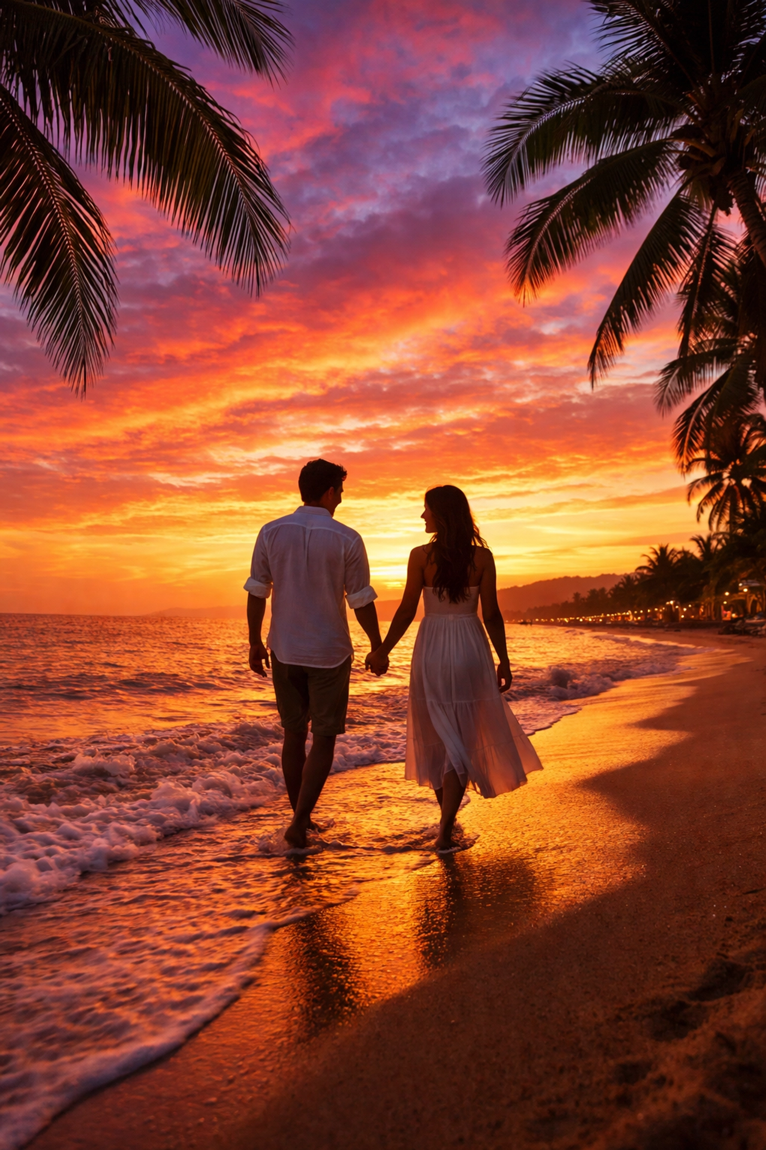 Couple walking on Puerto Vallarta beach at sunset, perfect for romantic long-term stays.