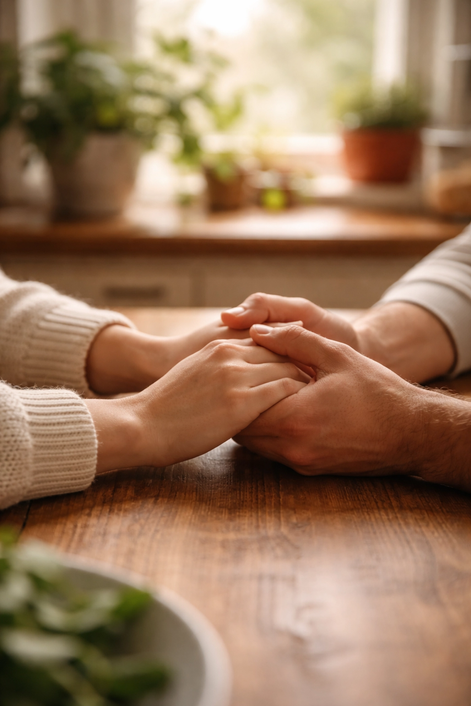 Close-up of a couple holding hands at a kitchen table, symbolizing reconciliation after holiday stress