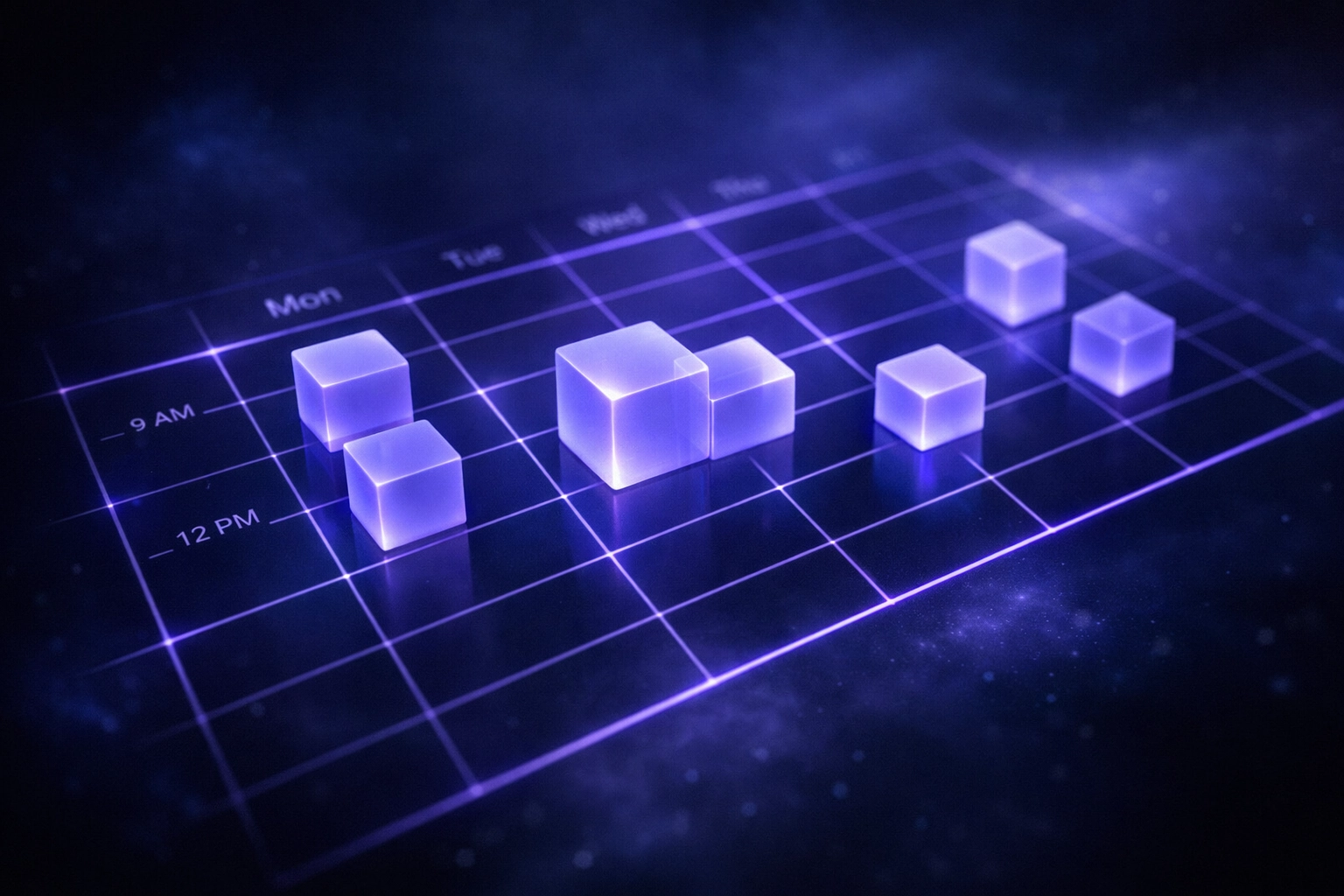 A calm, dark-themed calendar grid with soft purple highlights for accessible scheduling.