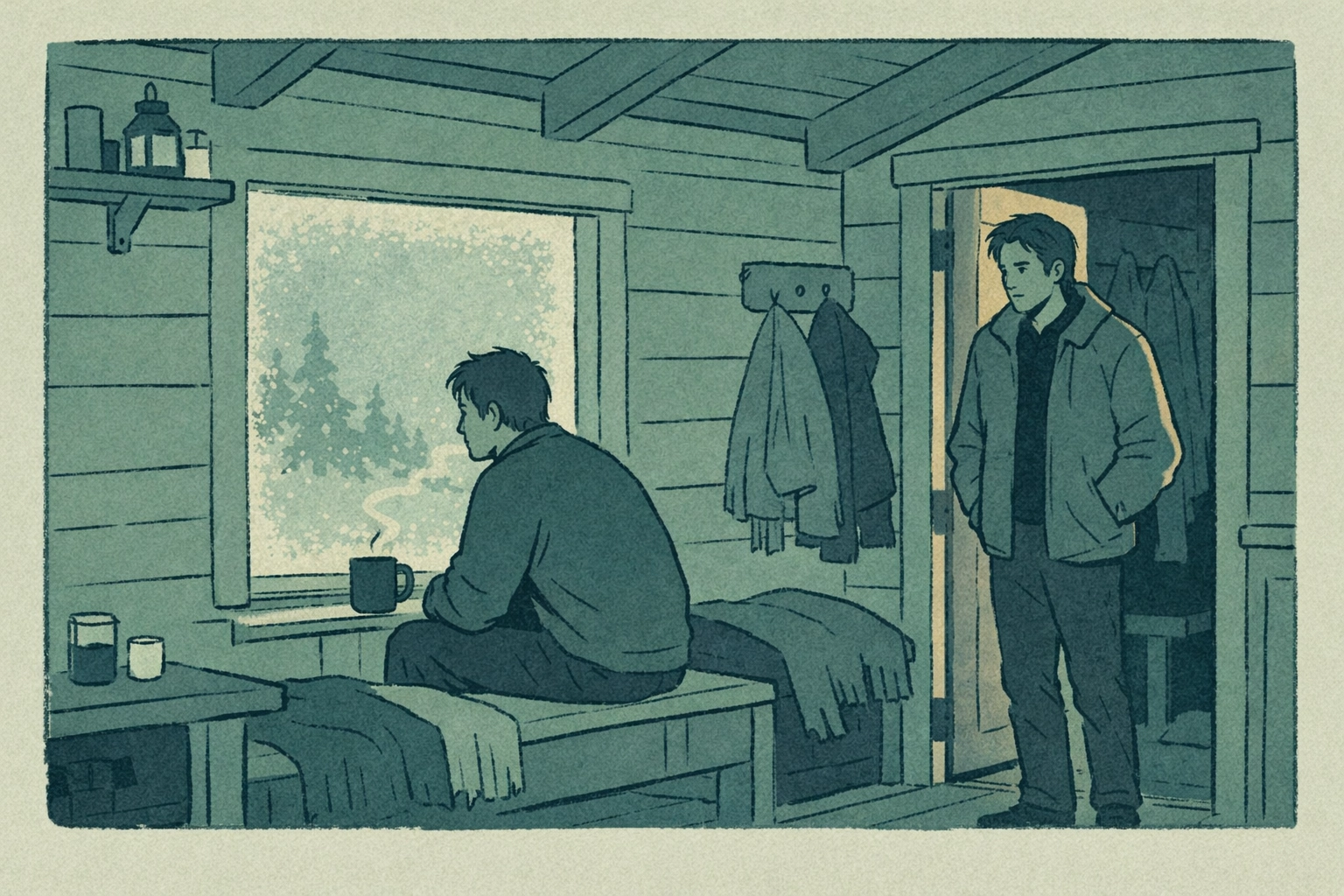 Two men in Nordic cabin interior - Scandinavian Soul gay romance emotional scene