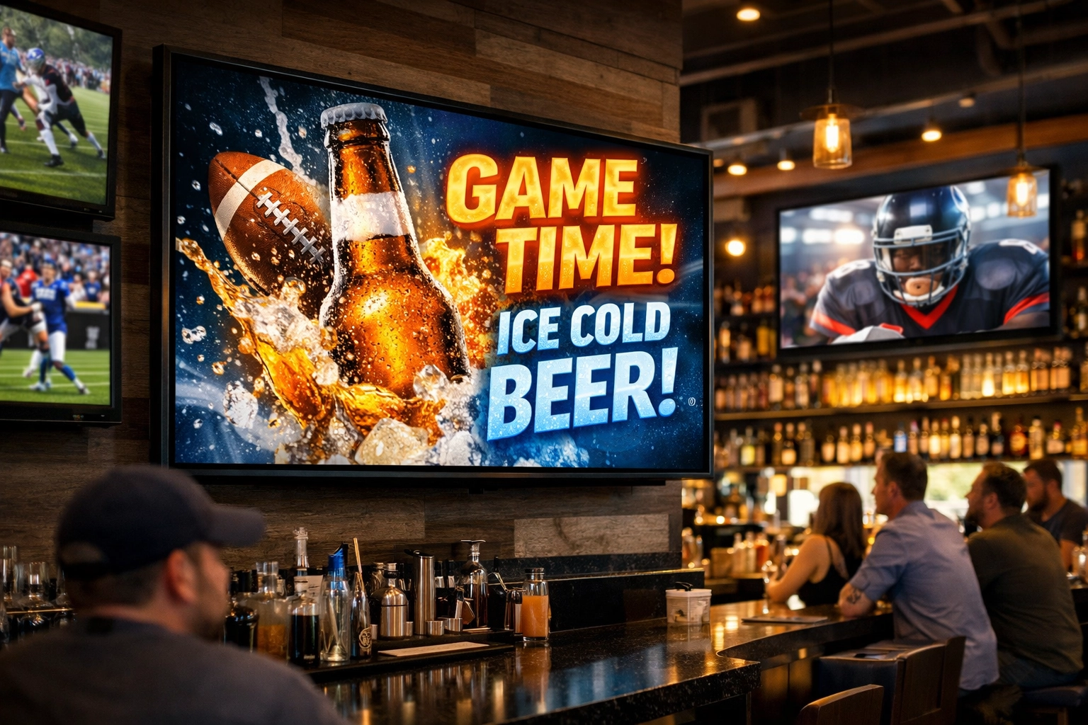 Modern sports bar featuring digital signage screens with targeted beverage advertisements for fans.