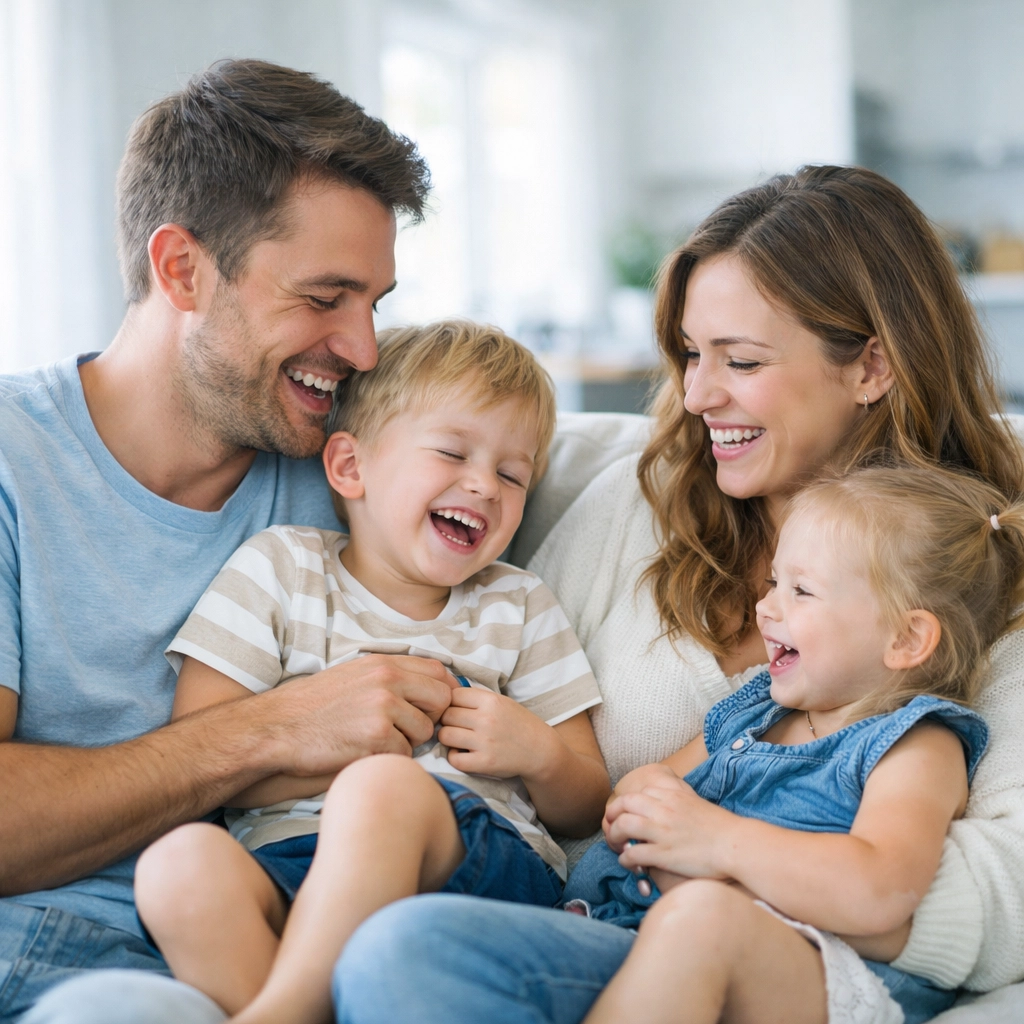 A happy California family together at home, protected by a term life insurance policy from Peace and Grace.