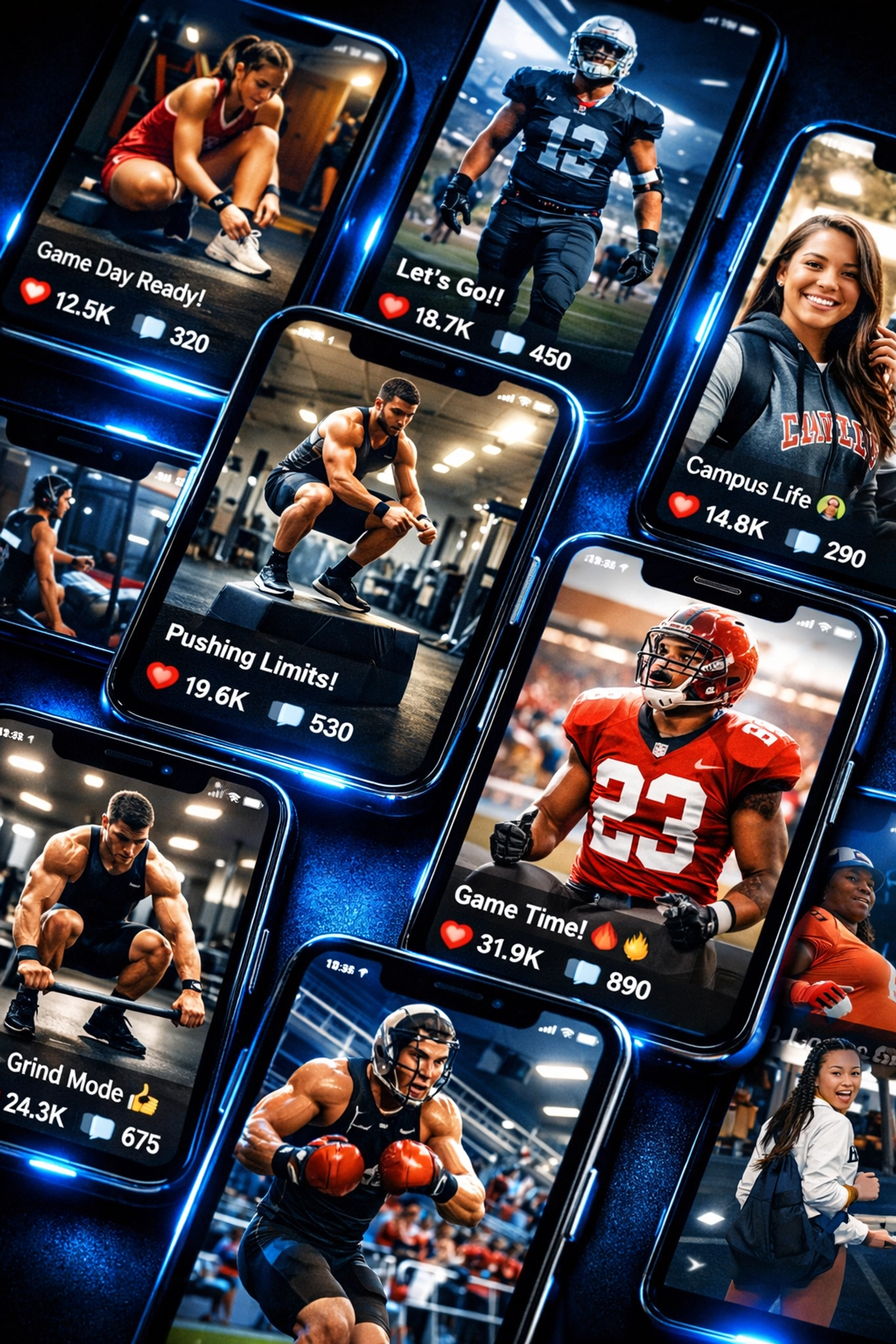 Multiple smartphone screens displaying high-engagement social media content from student-athletes