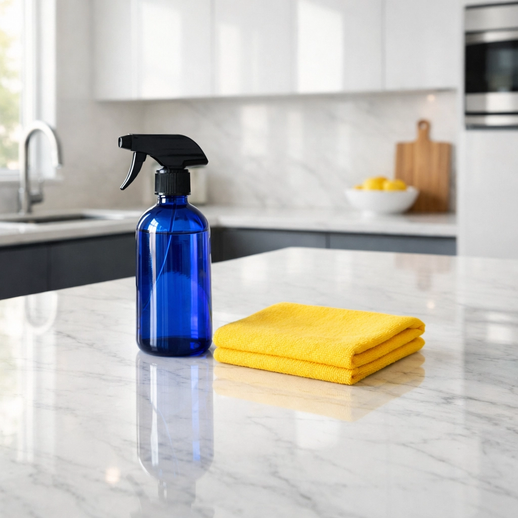 Professional cleaning supplies on a marble counter for effective house cleaning Worcester MA.