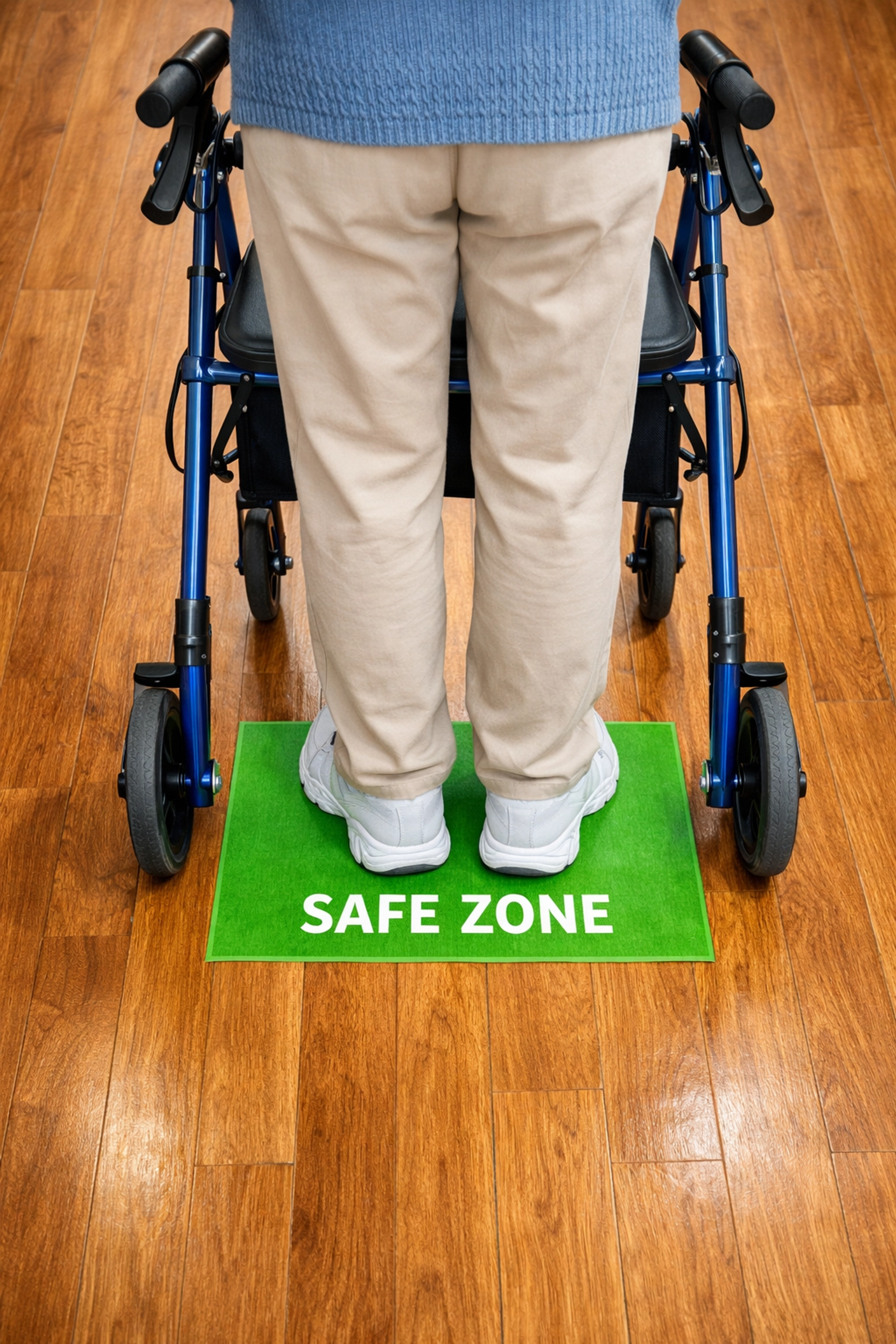 Correct foot placement inside a blue rollator frame on a hardwood floor to prevent falls.