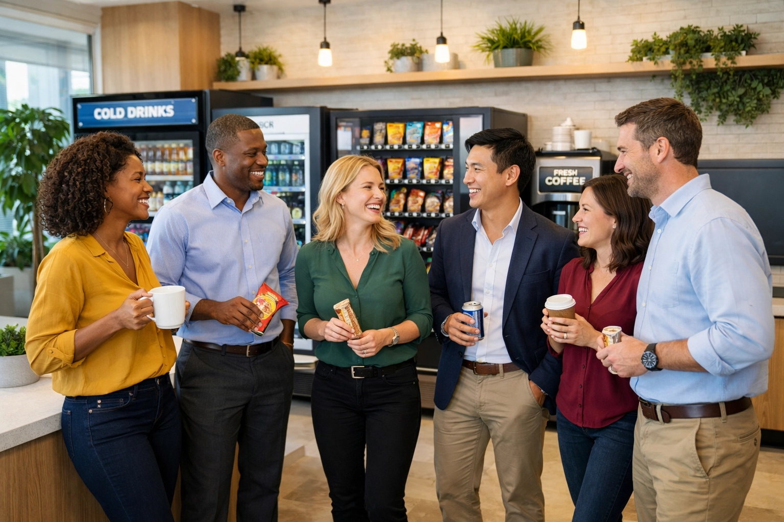 Atlanta office employees socializing in a modern breakroom equipped with professional vending services.