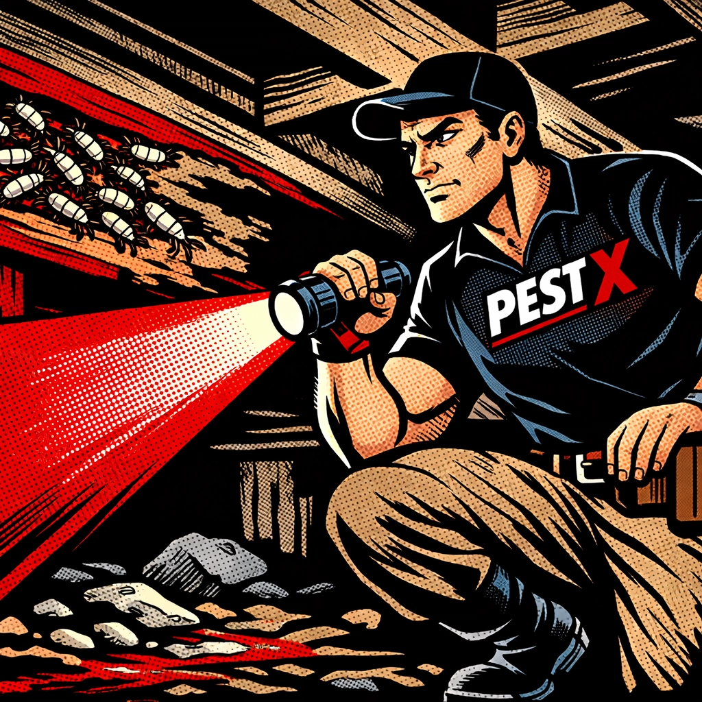 Pest control technician inspecting crawlspace for termite activity