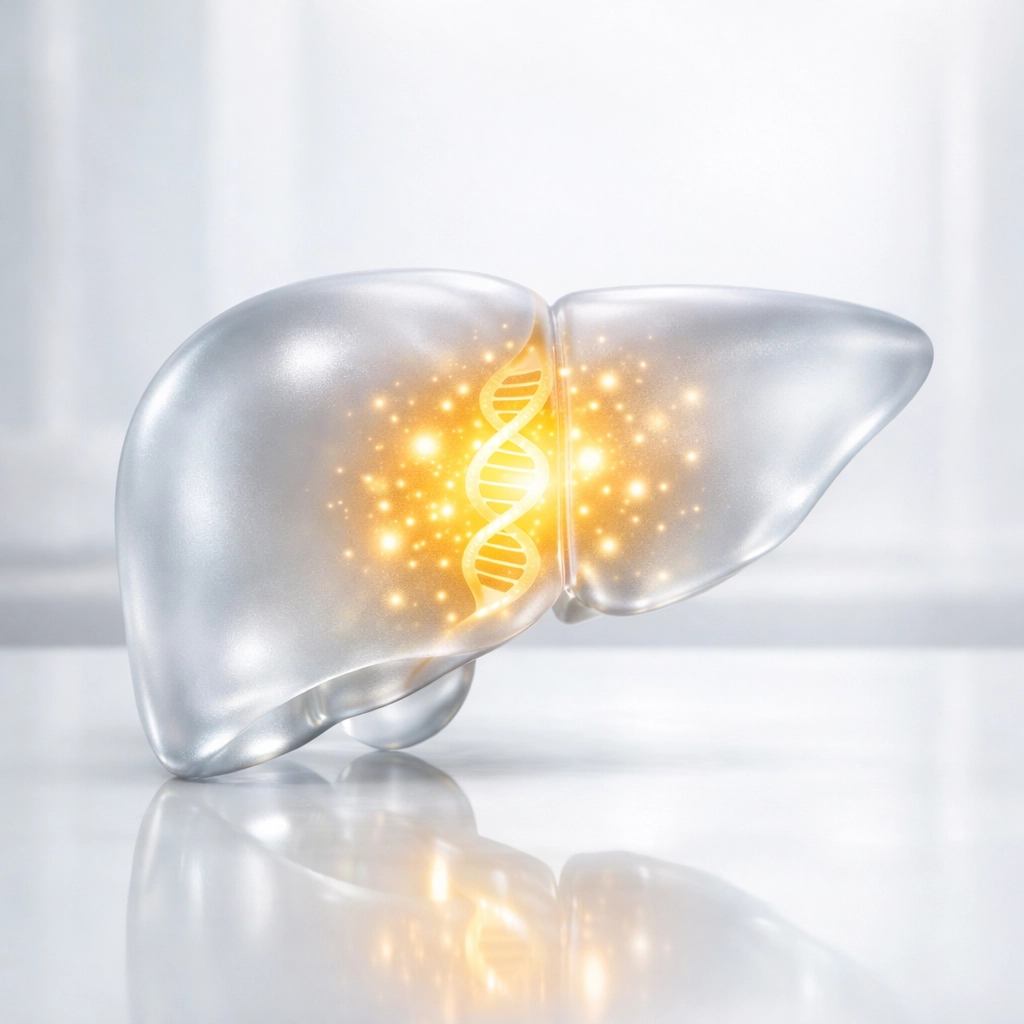 Glowing frosted glass liver model showing the benefits of Livagen peptide for liver health.