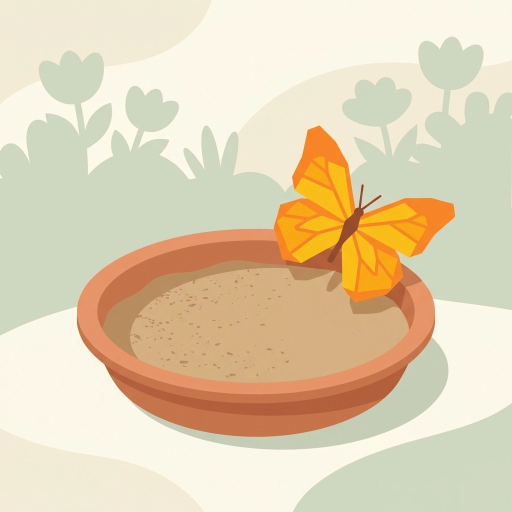 Bright orange and yellow butterfly perched on a terracotta saucer with damp sand in a sunny backyard science setting