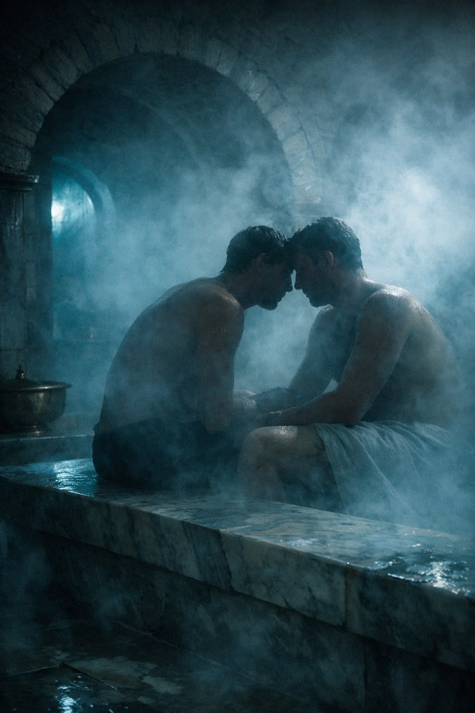 Gay men sharing a moment of connection in a steamy underground bathhouse during the Soviet occupation of Lithuania.