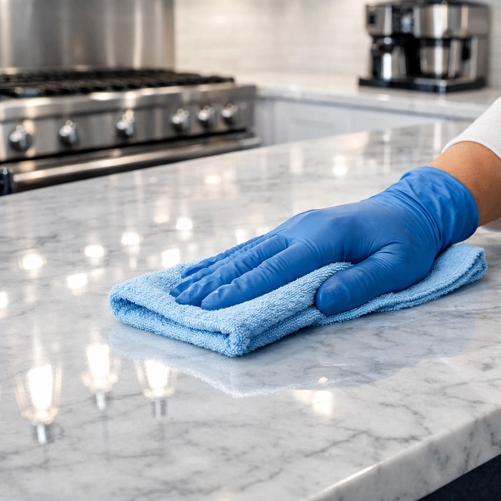 Eco-friendly deep cleaning on a marble kitchen island by professional cleaners in Stow MA.
