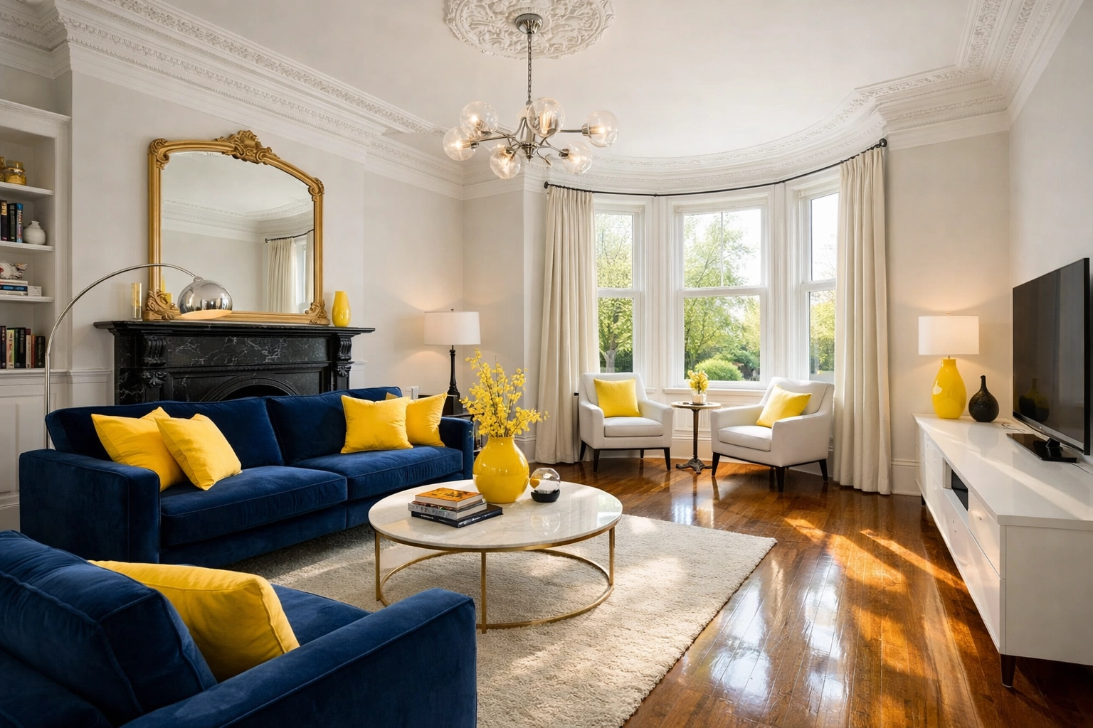 Professionally cleaned Worcester living room with polished hardwood floors and sunlit Victorian architecture.