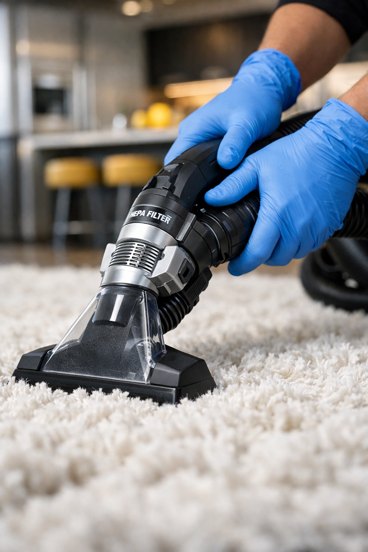 Professional cleaner using HEPA vacuum on white rug, highlighting elite residential cleaning services near me.