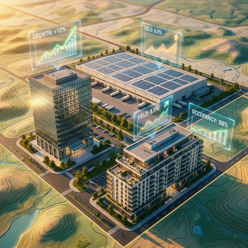 Diverse real estate investments illustrated by office, industrial, and residential buildings in a strategic portfolio layout.