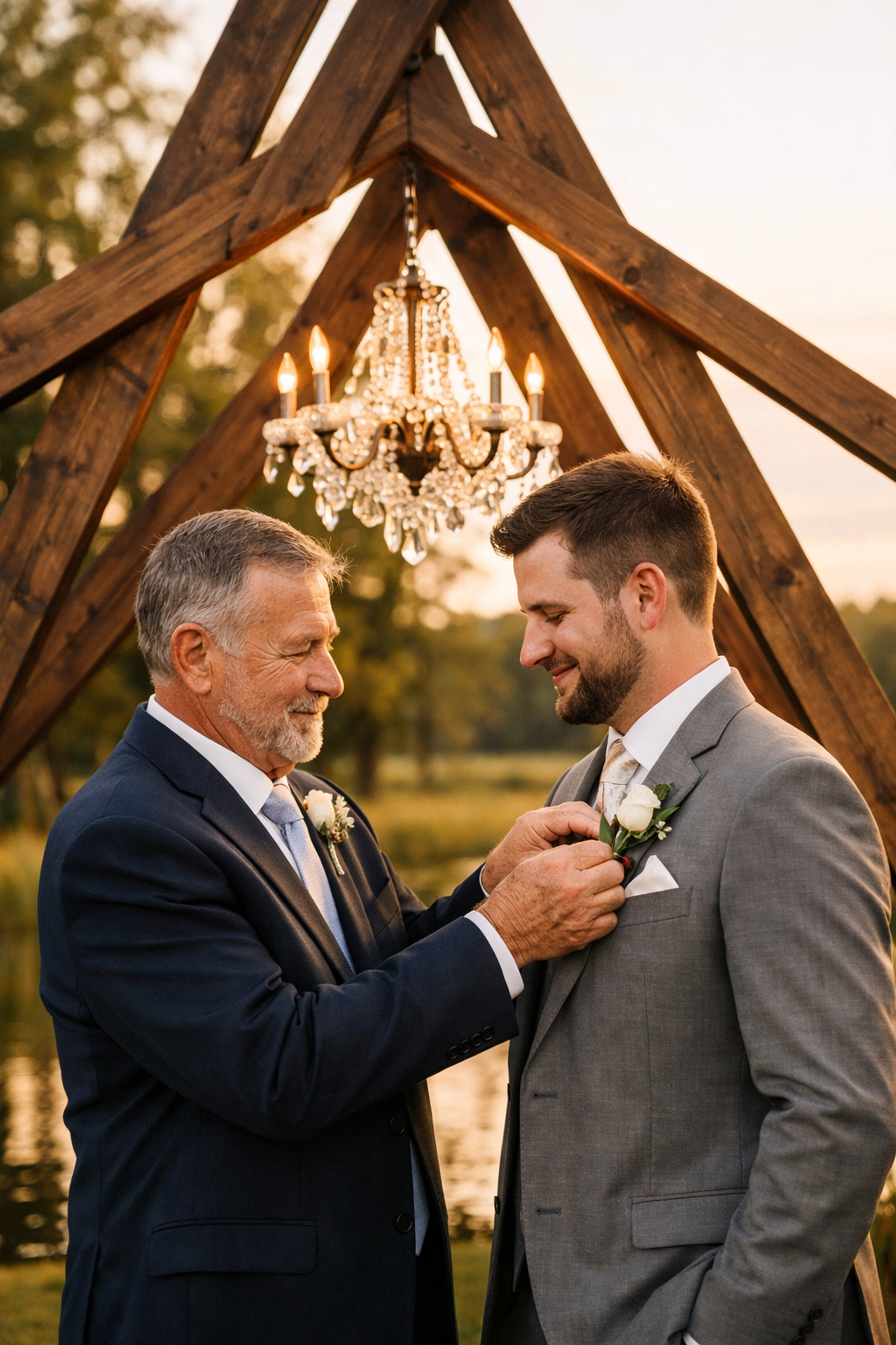 Adopted Dad and groom at a wedding arch rental in Northeast Indiana in Fort Wayne from The Weathered Moose LLC.