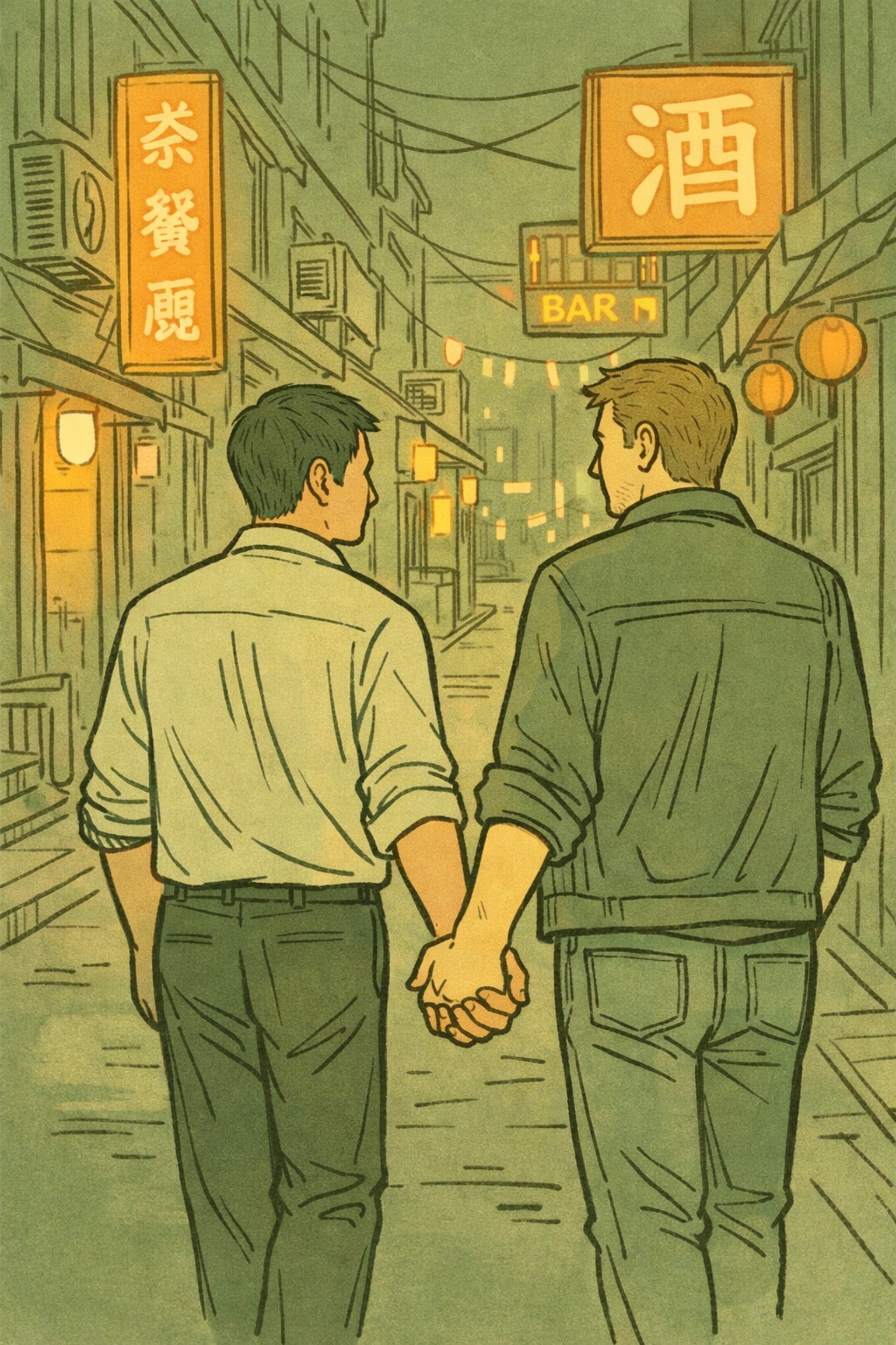 Gay couple holding hands on Hong Kong street showing LGBTQ+ visibility and courage