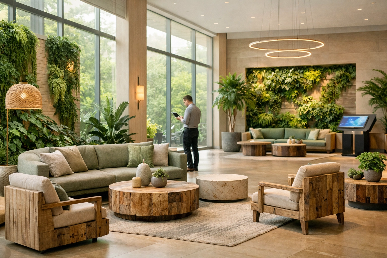 Modern biophilic hotel lobby showcasing travel tech innovation to reduce environmental impact.