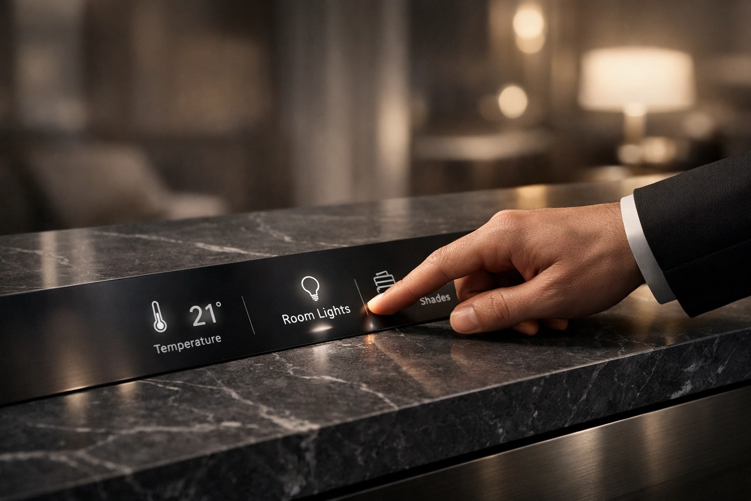 Hand interacting with a seamless digital interface for automated hotel registration.