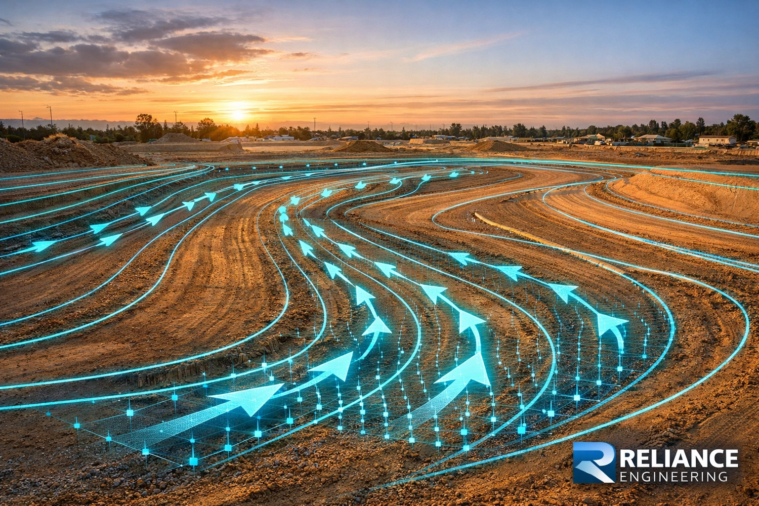 Professionally graded Ontario construction site showing technical drainage flow for a Site Grading Plan.