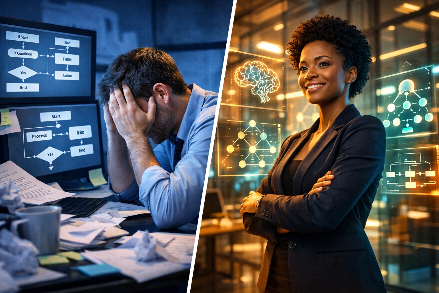 Comparison of traditional automation workspace versus modern agentic AI interface with neural networks