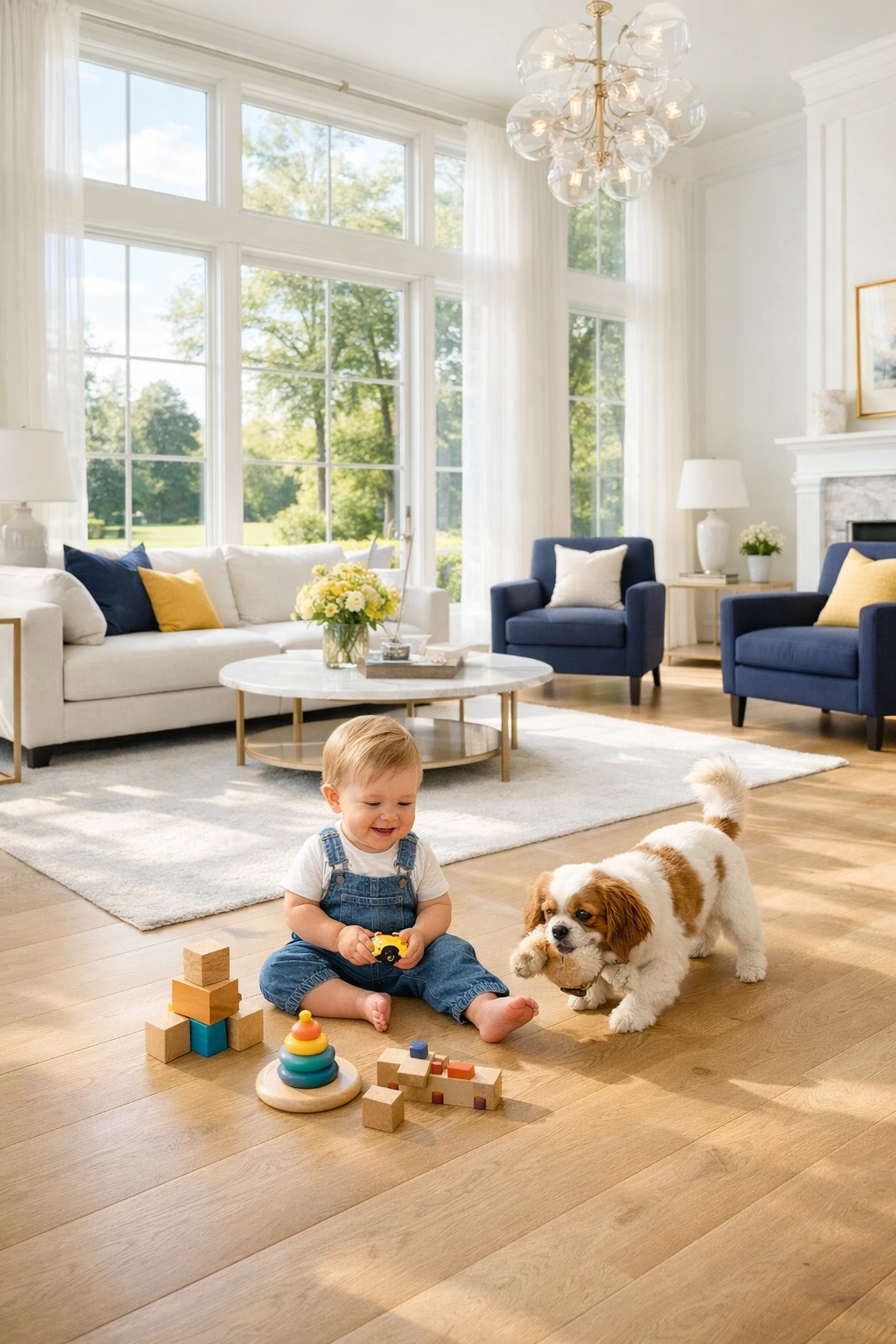 Child and pet playing safely on clean floors in a Sudbury estate after eco-friendly maid services.