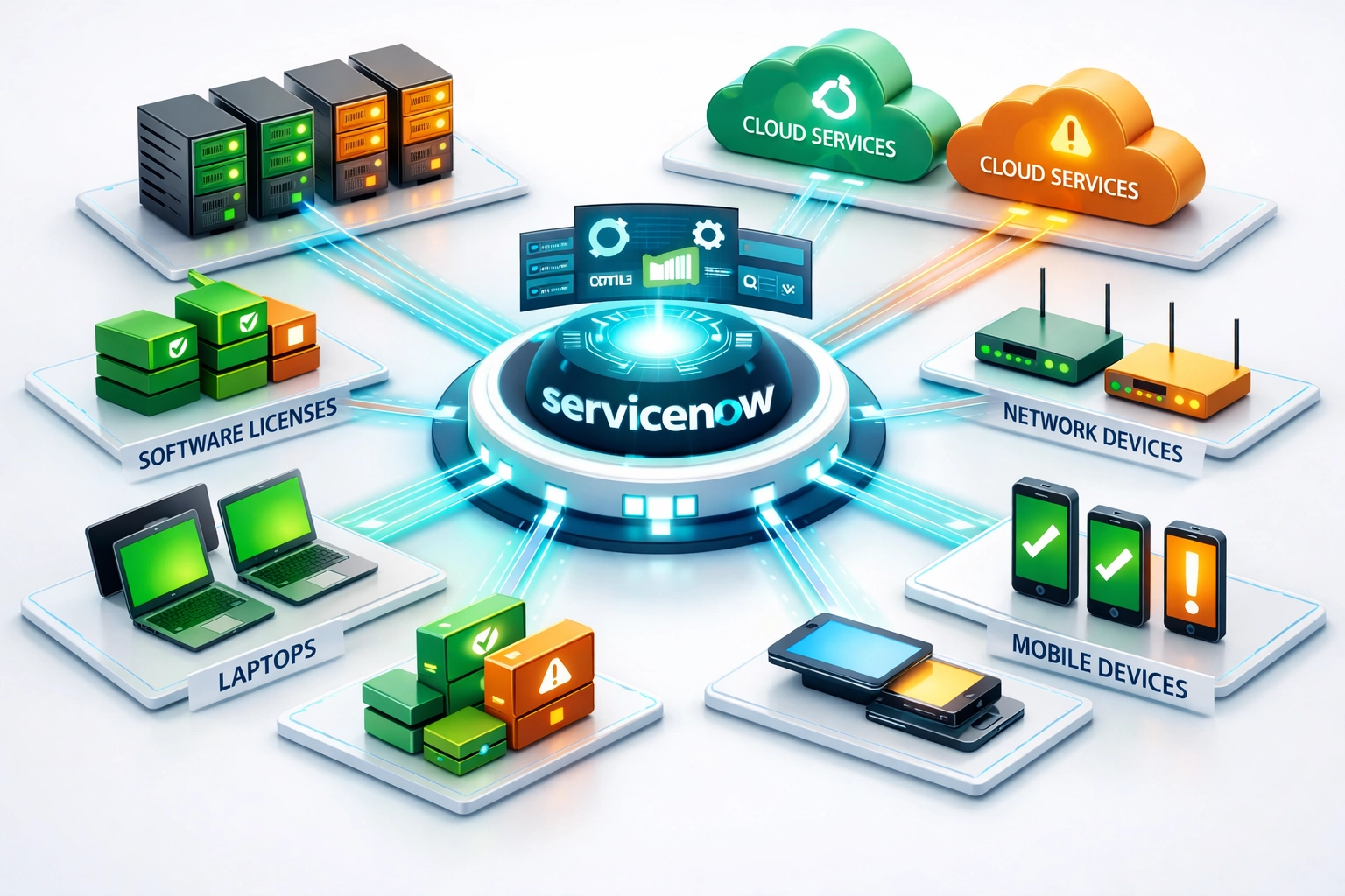 ServiceNow ITAM dashboard displaying IT assets, software licenses, and compliance status for banks