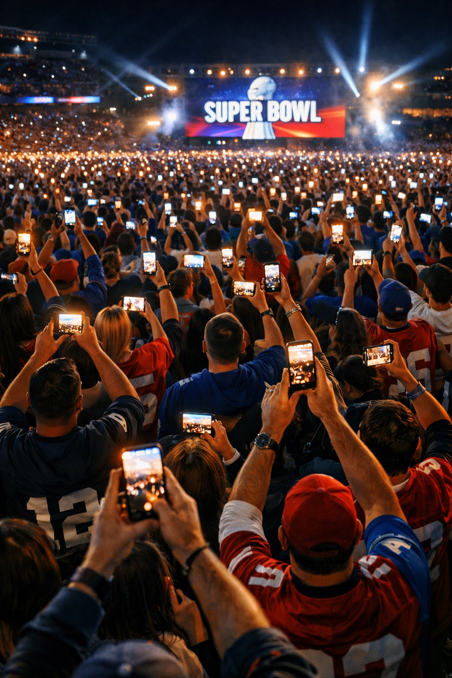 Super Bowl fans sharing cultural moments on smartphones at watch party celebration
