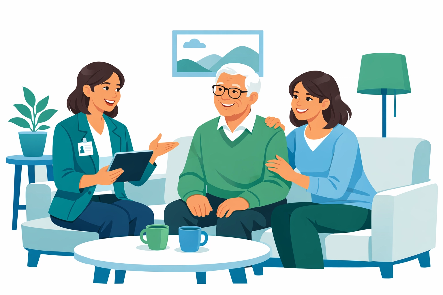 San Antonio family discussing personal care services with a healthcare manager during a home consultation.