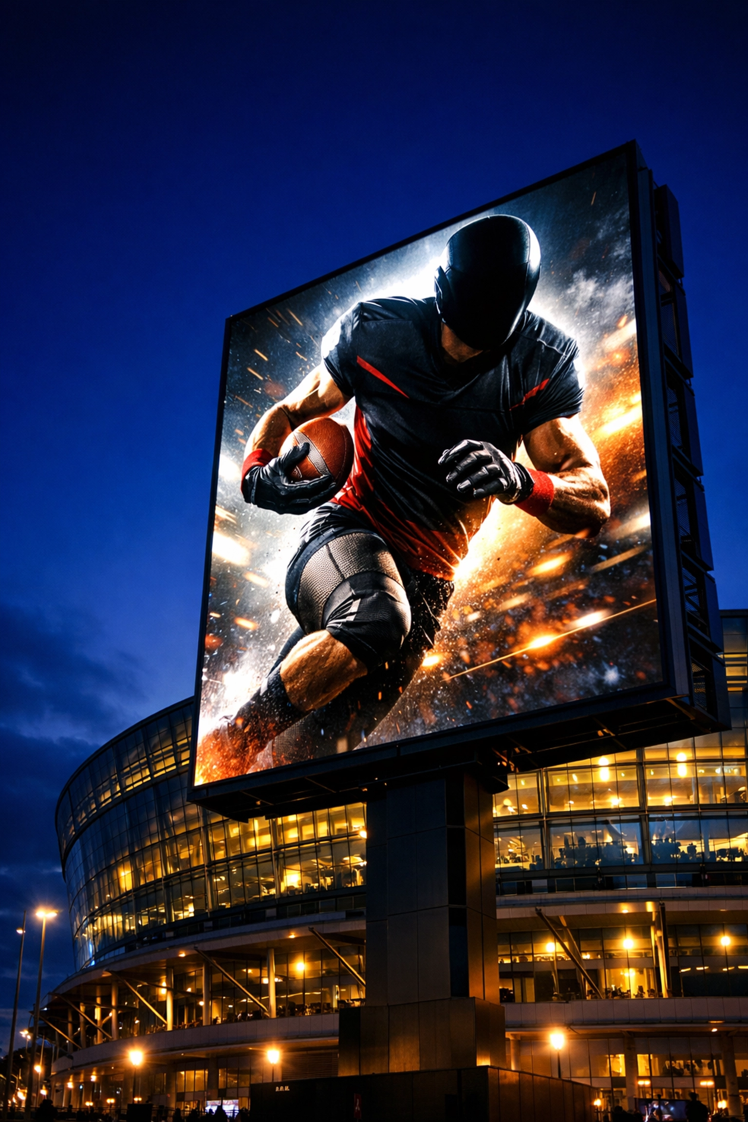Massive digital OOH billboard outside a sports stadium delivering high-impact brand visibility.