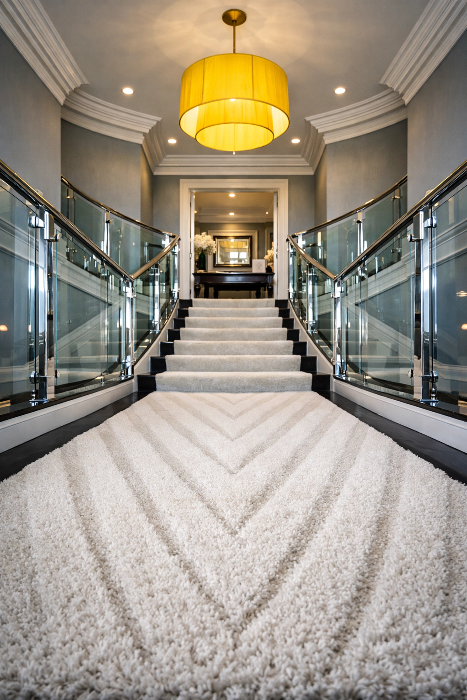 Grand staircase with fresh vacuum patterns representing elite luxury cleaning in Shrewsbury.