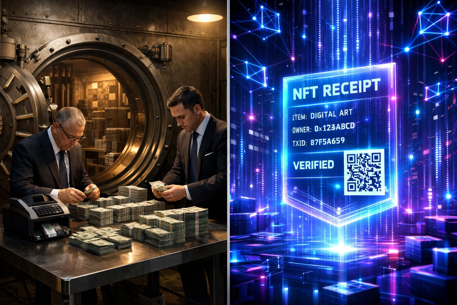 Traditional bank vault versus holographic NFT receipt representing old vs new payment systems
