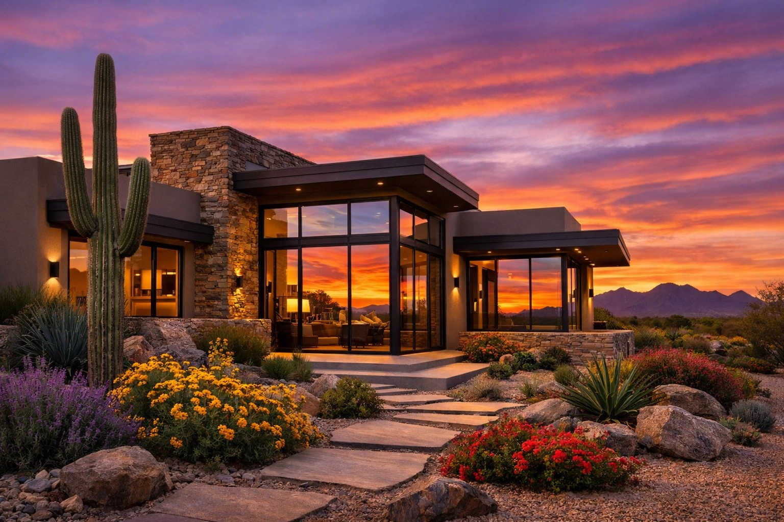 Luxury desert-modern home in Surprise Arizona with White Tank Mountain views at sunset.