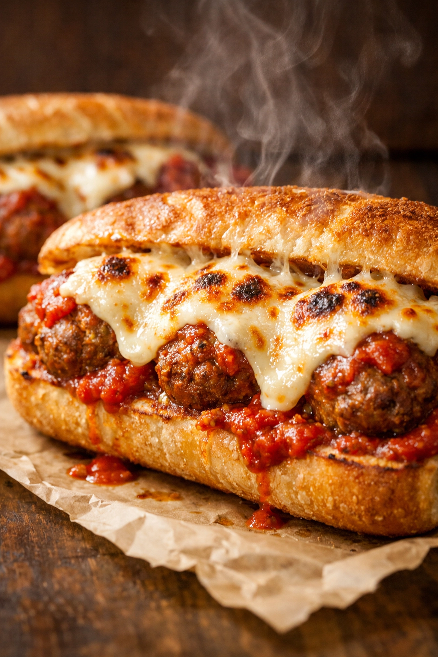 Toasted 5-ingredient meatball subs with bubbly melted mozzarella and savory marinara sauce.