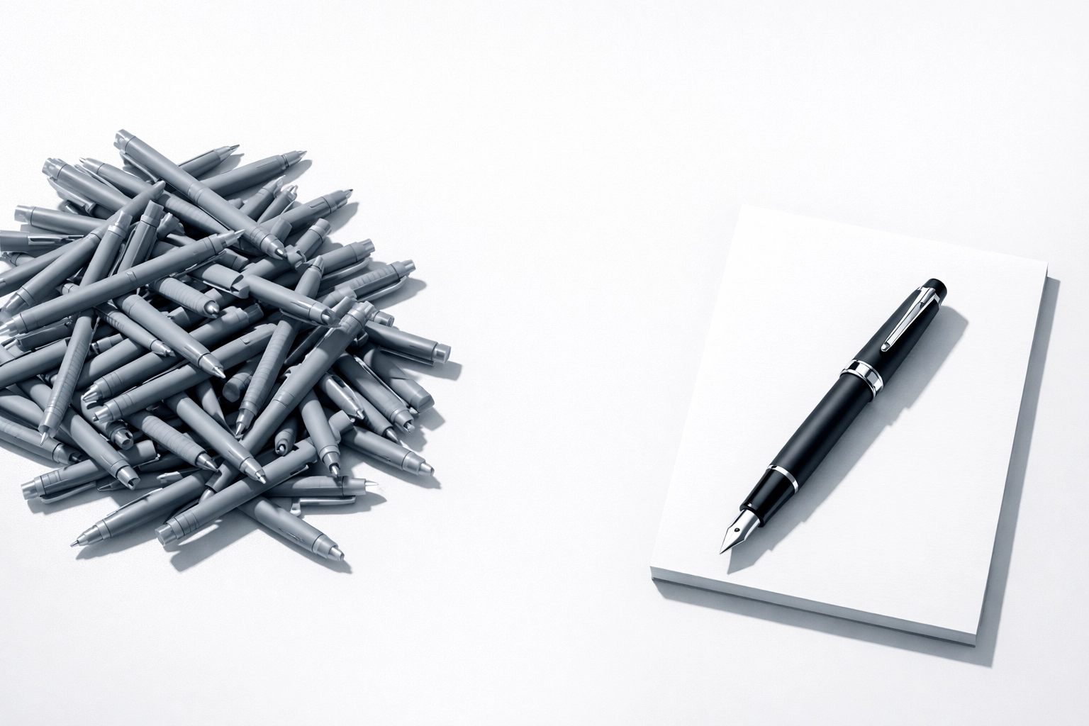 A premium fountain pen next to cheap generic pens, representing product differentiation in sales.