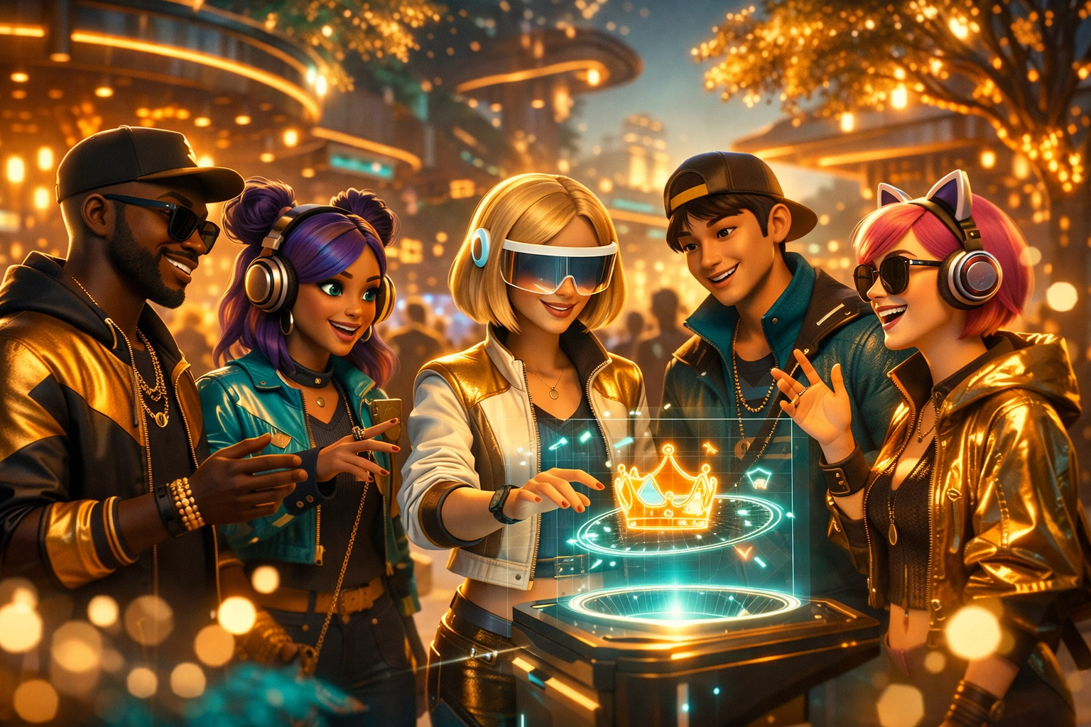 Group of avatars interacting with holographic displays in a social metaverse shopping environment.